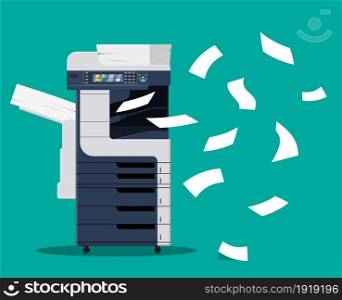Professional office copier, multifunction printer printing paper documents isolated vector illustration. Printer and copier machine for office work. Vector illustration in flat style. Professional office copier,