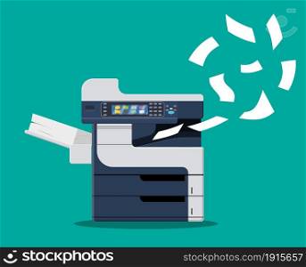 Professional office copier, multifunction printer printing paper documents. Printer and copier machine for office work. Vector illustration in flat style. Professional office copier,