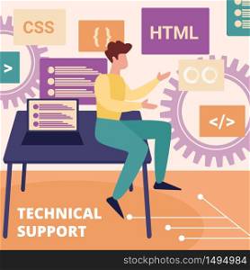 Professional Operator of Technical Support Service for Computers Sitting at Table with Laptop. Programmer Client Help, Assistance, Fixing Software Bugs. Cartoon Flat Vector Illustration, Square Banner. Professional Operator of Technical Support Service