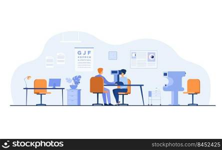 Professional ophthalmologist examining patient eyes isolated flat vector illustration. Cartoon oculist making surgery laser correction. Optical medicine and oculists office interior concept