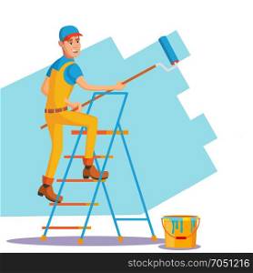 Professional Painter Vector. Painting Brush, Roller. Craftsman Painting Wall. Flat Cartoon Illustration