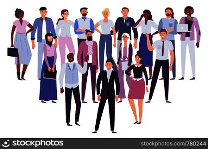Professional people team. Business persons group, society leadership and office workers crowd. Multicultural businesswoman and businessman team meeting character vector illustration. Professional people team. Business persons group, society leadership and office workers crowd vector illustration