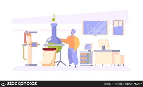 Professional people. Workers in uniform making different things garish vector cartoon background. Illustration professional chemical scientific, medicine laboratory. Professional people. Workers in uniform making different things garish vector cartoon background