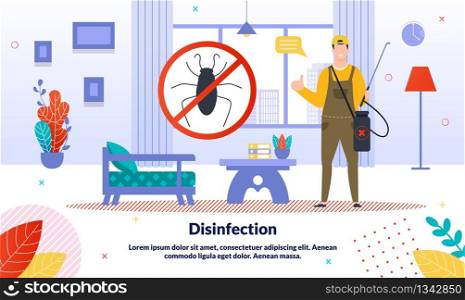 Professional Pest Control Service, Home Disinfection Company Trendy Vector Ad Banner, Promo Poster Template. Worker in Overall with Sprayer Filled Pesticides Cleaning Room from Insects Illustration