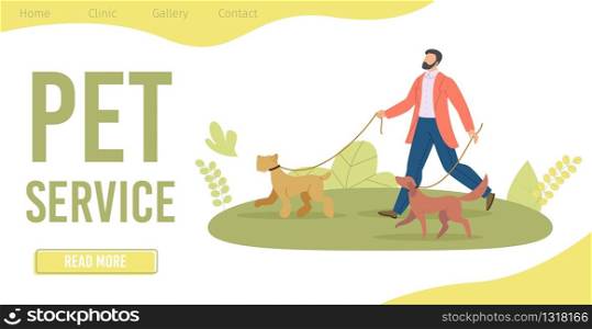 Professional Pet Service Trendy Flat Vector Web Banner, Landing Page Template. Man in Suit, Qualified Dog Walker Walking on Meadow in Park with Terrier and Labrador Retriever on Leashes Illustration