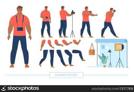 Professional Photographer Male Character Constructor Isolated, Trendy Flat Design Elements Set. Cameraman in Various Poses, Body Parts, Emotion Face Expressions, Photo Studio Equipment Illustrations. Photographer Character Constructor Flat Vector Set