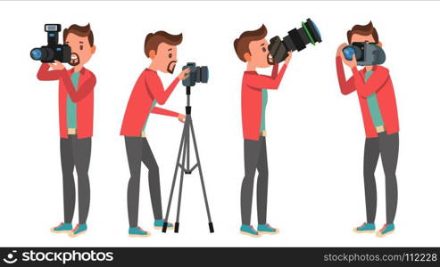 Professional Photographer Vector. Male In Different Poses. Lights And Cameras. Creative Occupation. Profession. Tripod Equipment. Isolated Flat Cartoon Character Illustration. Photographer Vector. Photo Studio. Photographer Making Photos. Digital Camera And Professional Photo Equipment. Taking Pictures. Isolated On White Cartoon Character Illustration