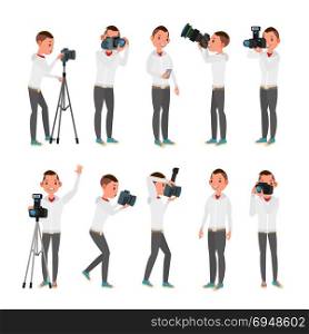 Professional Photographer Vector. Male In Different Poses. Lights And Cameras. Creative Occupation. Profession. Tripod Equipment. Isolated Flat Cartoon Character Illustration. Photographer Vector. Modern Camera. Posing. Full Length Taking Photos. Photojournalist Design. Flat Cartoon Illustration