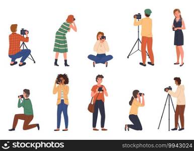 Professional photographers. Cartoon people with cameras different poses, male and female characters take photo shots, paparazzi or journalist occupation, digital photography hobby. Vector isolated set. Professional photographers. Cartoon people with cameras, male and female characters take photo shots, paparazzi or journalist occupation, digital photography hobby. Vector isolated set