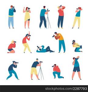 Professional photographers taking with camera, journalists. Photographer character shooting photo, cameraman or paparazzi vector set. Illustration of photography professional, photograph hobby. Professional photographers taking pictures with camera, journalists. Photographer character shooting photo, cameraman or paparazzi vector set