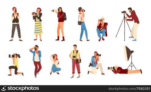 Professional photographers vector, set of people holding cameras. Pictures made by employees , photographs by cameraman. Man and woman experts job. Photographers People with Cameras Professionals