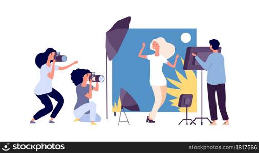 Professional photography. Model poses for photographers for magazine or banner in studio. Stylish girl making photos vector illustration. Professional model, photography session. Professional photography. Model poses for photographers for magazine or banner in studio. Stylish girl making photos vector illustration