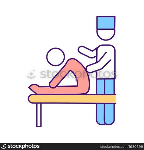 Professional physiotherapy RGB color icon. Exercising with physical practitioner overview. Hospital visit for body procedure. Isolated vector illustration. Simple filled line drawing. Professional physiotherapy RGB color icon