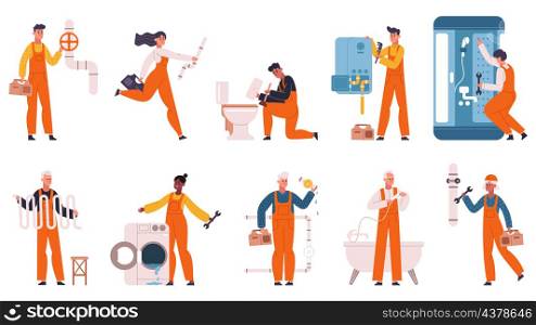 Professional plumbers repair pipes, fixing heating system and leakage. Plumbing service workers, repair home heating system vector illustration set. Plumbing workflow, handymen with tools or equipment. Professional plumbers repair pipes, fixing heating system and leakage. Plumbing service workers, repair home heating system vector illustration set. Plumbing workflow