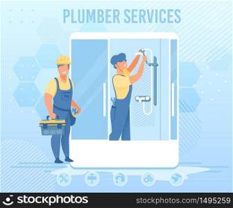 Professional Plumbers Service for Emergency Help Advertising Flat Banner. Maintaining, Installing or Repairing Shower Stall in Bathroom. House Repair Company. Vector Cartoon Illustration. Plumbers Service for Emergency Help Flat Banner