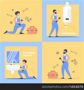 Professional Plumbing Service Flat Vector Square Banners or Posters Set with Skilled Plumber in Uniform, Holding Wrench, Maintaining, Installing, Repairing Boiler, Sink in Home Bathroom Illustration