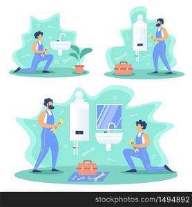 Professional Plumbing Service Home Works Flat Vector Concepts Set with Plumbers Team in Uniform, Holding Wrench, Maintaining, Installing Boiler or Sink, Repairing Leaks in Bathroom Illustration