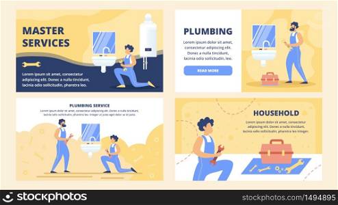 Professional Plumbing Service, House Repair Company Flat Vector Web Banners, Landing Pages Templates Set with Plumbers with Wrench, Maintaining, Installing or Repairing Faucet in Bathroom Illustration