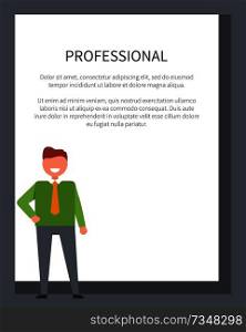 Professional poster with businessman in green sweater holding arm on waist in confident pose vector illustration with place for text in frame. Professional Poster with Businessman in Sweater
