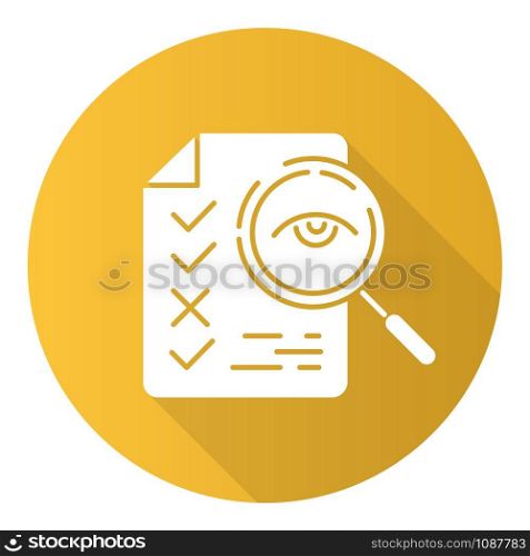 Professional proofreading service flat design long shadow glyph icon. Text editing, mistake correction. Document quality control. Magnifier with checked list points. Vector silhouette illustration