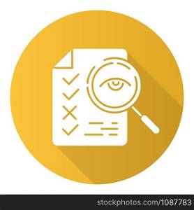 Professional proofreading service flat design long shadow glyph icon. Text editing, mistake correction. Document quality control. Magnifier with checked list points. Vector silhouette illustration