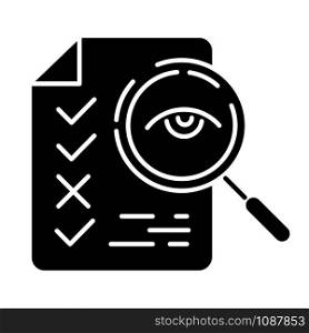 Professional proofreading service glyph icon. Text editing, mistake correction. Document quality control. Magnifier with list points. Silhouette symbol. Negative space. Vector isolated illustration