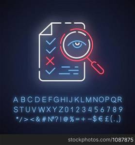 Professional proofreading service neon light icon. Text editing, mistake correction. Document quality control. Glowing sign with alphabet, numbers and symbols. Vector isolated illustration