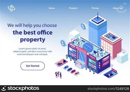 Professional Realtors Services on Market of Commercial Real Estate Isometric Vector Web Banner, Landing Page. Real Estate Agent Offering Clients Office Building with Convenient Location Illustration