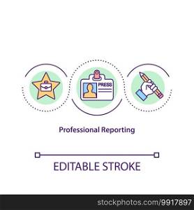 Professional reporting concept icon. Reporter work. Article writer. Job in mass media. Journalism idea thin line illustration. Vector isolated outline RGB color drawing. Editable stroke. Professional reporting concept icon