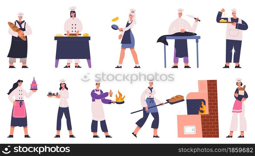 Professional restaurant chefs characters cooking tasty dishes. Culinary chef preparing food in traditional white uniform vector Illustration set. Restaurant chefs characters professional preparing. Professional restaurant chefs characters cooking tasty dishes. Culinary chef preparing food in traditional white uniform vector Illustration set. Restaurant chefs characters