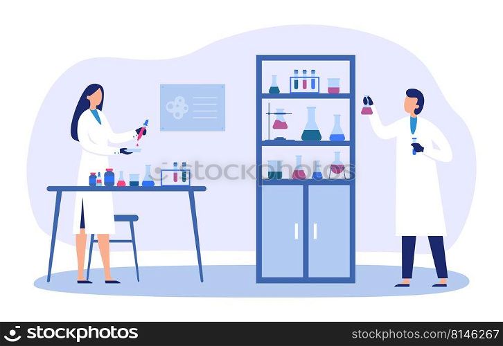 Professional scientific research. Male and female scientists in uniform working with equipment in laboratory. Workers holding test tubes and flasks, checking blood. Shelves with containers vector. Professional scientific research. Male and female scientists in uniform working with equipment in laboratory