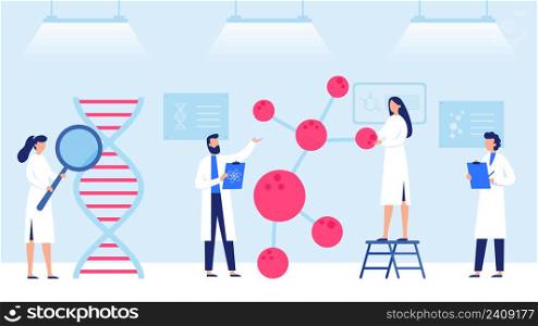 Professional scientific research. Scientists working with DNA analysis. Genetic engineering employees checking DNA chain structure with magnifier, examining molecule components vector. Professional scientific research. Scientists working with DNA analysis. Genetic engineering employees checking DNA
