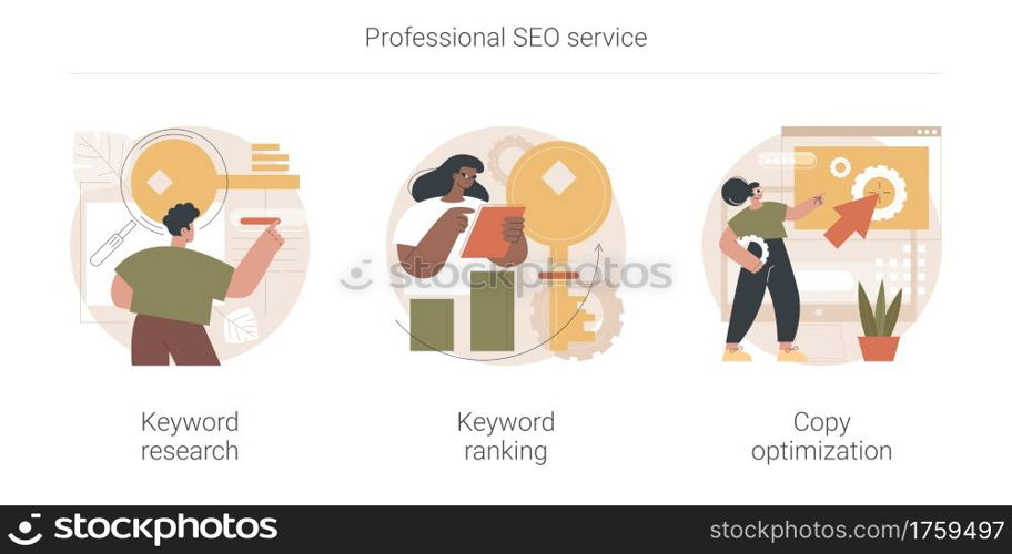 Professional SEO service abstract concept vector illustration set. Keyword research service and page ranking, copy optimization, successful web campaign, search engine, website abstract metaphor.. Professional SEO service abstract concept vector illustrations.