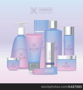 Professional Series Cosmetic Set Isolated. Vector. Professional series cosmetic set isolated. Hand cream, cream soap, eye cream, lotion, tonic, nail cream, day and night cream, shampoo, scrub. Part of series of decorative cosmetics items. Vector