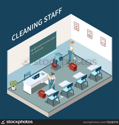 Professional service team keeping college study rooms and campus clean isometric composition with mopping floors vector illustration