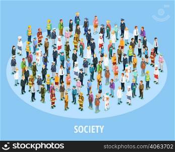 Professional society isometric background with people of different occupations and jobs isolated vector illustration. Professional Society Isometric Background