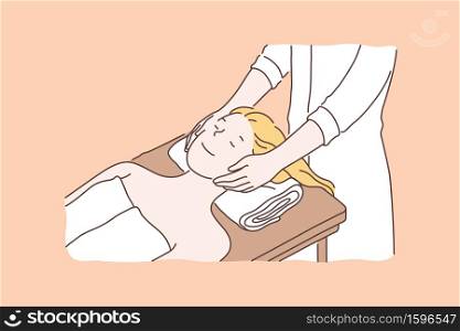 Professional spa salon, beauty services concept. Relaxed woman enjoying face lifting massage lying on couch, cosmetologist making skincare procedures. Simple flat vector. Professional spa salon, beauty services concept