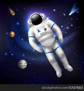 Professional spaceman astronaut in costume floating in outer space vector illustration