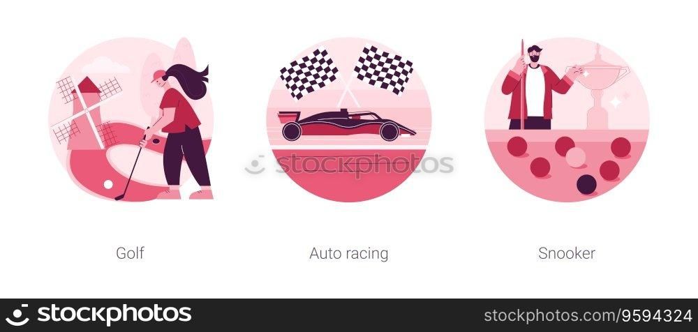 Professional sport abstract concept vector illustration set. Golf, formula 1 and snooker, extreme driving, mini golf championship, country club, pool game, biliard cue stick, race abstract metaphor.. Professional sport abstract concept vector illustrations.
