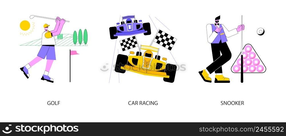 Professional sport abstract concept vector illustration set. Golf world championship, Formula 1 automobile sport, snooker biliard game, professional racer, high speed, grand prix abstract metaphor.. Professional sport abstract concept vector illustrations.