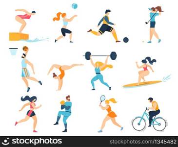 Professional Sport Activities Set. Men Women Sportsmen Characters Workout. Swimming, Basketball, Biking, Athletics, Gymnastics Exercises, Surfing, Golf, Weightlifting. Cartoon Flat Vector Illustration. Professional Sport Activities. Men Women Sportsmen