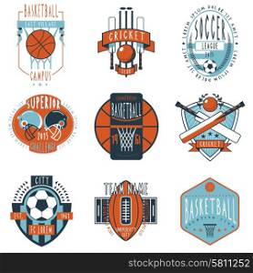 Professional sport campus league teams clubs and champions associations labels emblems icons collection abstract isolated vector illustration. Sport clubs labels icons set