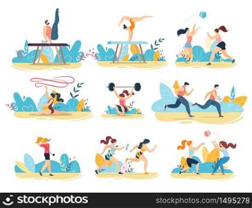 Professional Sportive People Performing Flat Set. Cartoon Men and Women Characters Taking Part in Acrobatic, Gymnastic, Running Marathon, Powerlifting, Volleyball Competition. Vector Illustration. Professional Sportive People Performing Flat Set