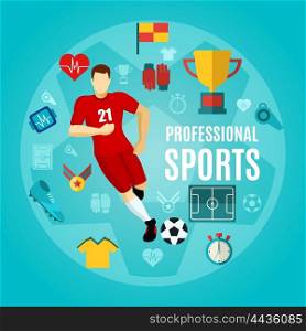 Professional Sports Flat Icon Set. Professional sports flat icon set with sports equipment common elements and running footballer vector illustration