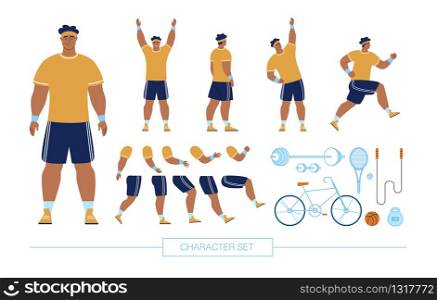 Professional Sportsman Character Constructor Isolated, Trendy Flat Design Elements Set. African American Athlete in Various Poses, Body Parts, Emotion Face Expressions, Sport Equipment Illustrations