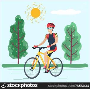 Professional sportsman riding bicycle on road in park or forest. Guy spend leisure time actively doing hobby. Person preparing for cyclist competition. Landscape with green trees. Vector illustration. Man Rides Bicycle in Park, Cyclist Competition