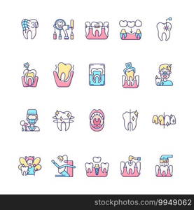 Professional stomatology RGB color icons set. Dental procedures. Instruments for dental treatment. Professional dental occupation. Caries treatment. Family orthodontics. Isolated vector illustrations. Professional stomatology RGB color icons set