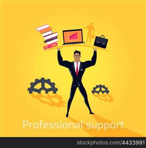 Professional support concept design flat style. Business professional support and work success, consultant man hand help, businessman organization management and occupation, vector illustration