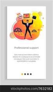 Professional support vector, person wearing suit and holding briefcase with monitor of computer, business hero, strongman with muscles gears cog. Website or app slider, landing page flat style. Professional Support, Business Hero Businessman