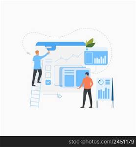 Professional team creating business solution flat icon. Painter, speaker, graphs. Teamwork concept. Can be used for topics like analysis, construction, finance. Professional team creating business solution flat icon